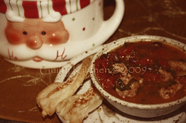 Spicy Sausage, Spinach and Sun dried Tomato Soup with Parmesan Sesame Twists