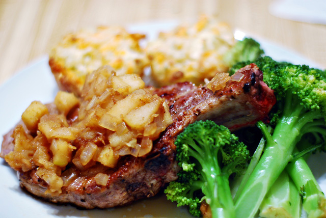 Pork Chops, Apple Compote and Apple, Cheddar Biscuits with  Rosemary